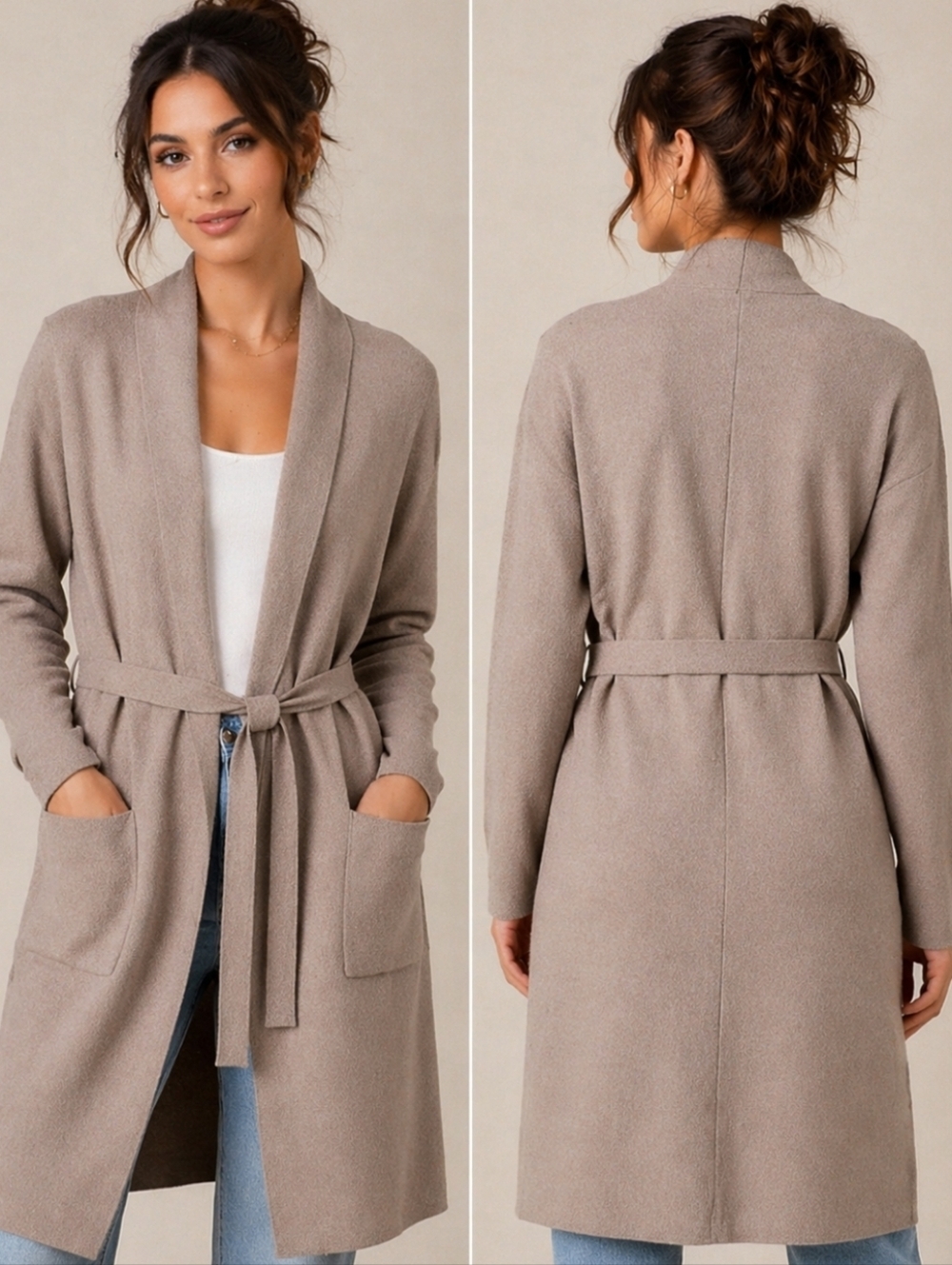 Ophelia Roe belted knit cardigan coatigan taupe minimalist soft wrap size S